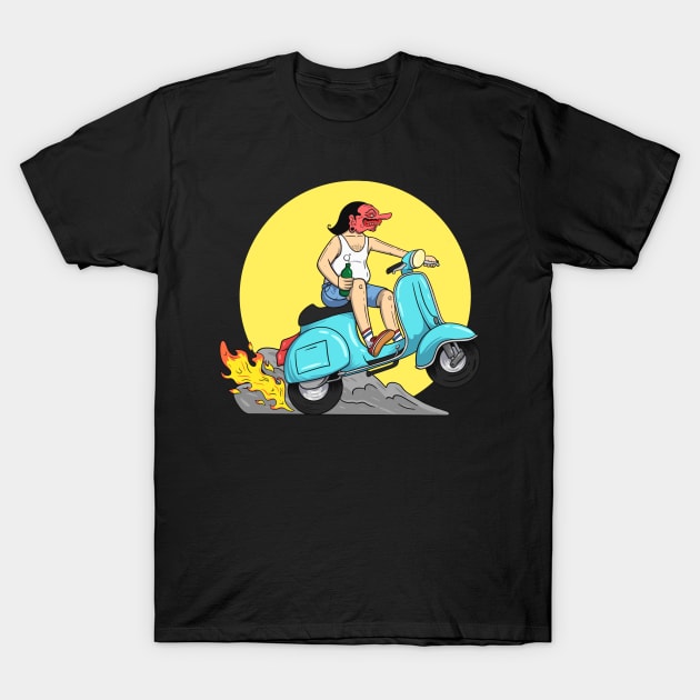 Javanese wayang carrying beer on a vespa T-Shirt by nakanaka visual